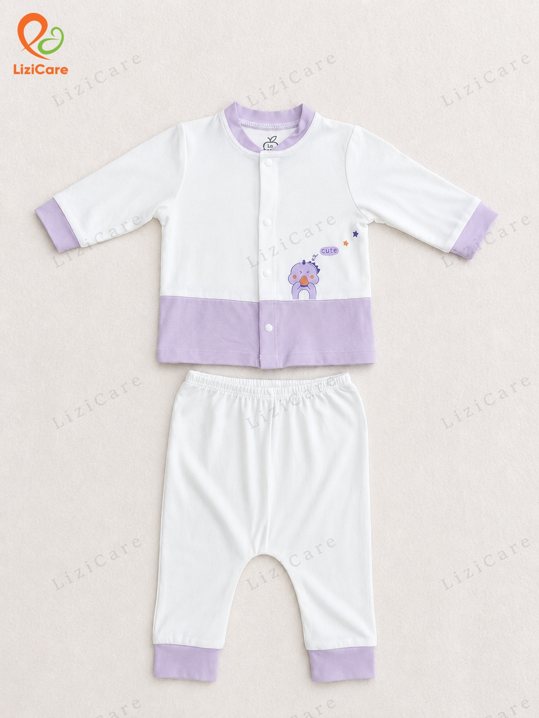 Bộ dài tay La Pomme cúc thẳng hoạ tiết đáng yêu - 3M Trắng tím (hình khủng long)
