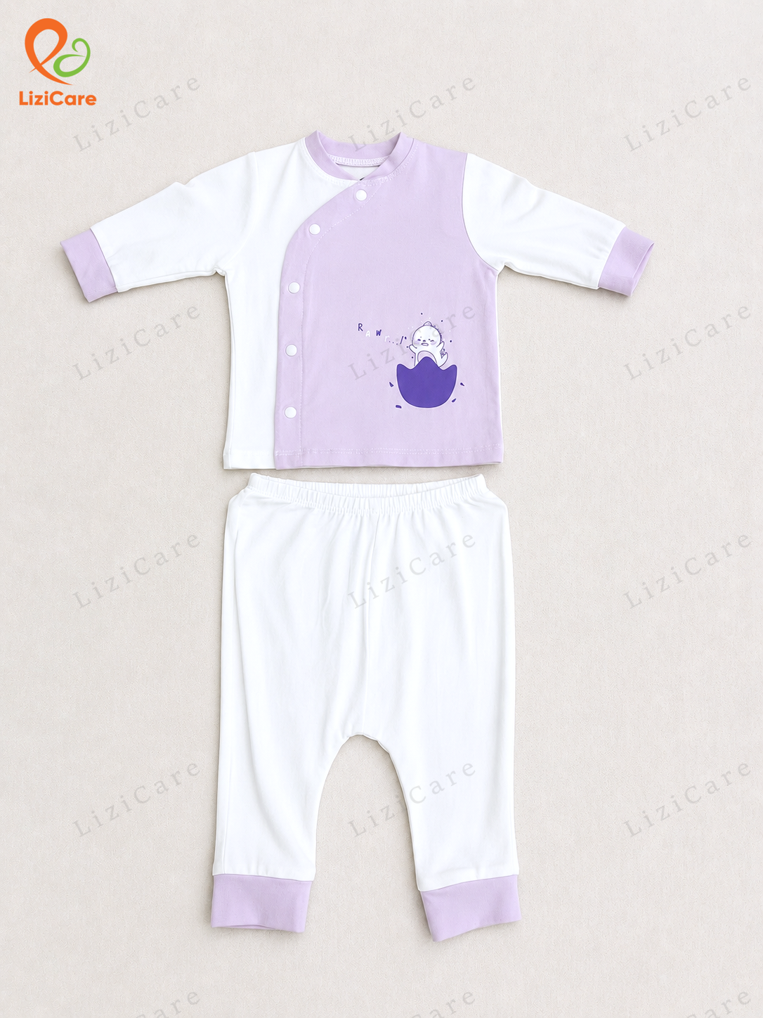 Bộ dài tay La Pomme cúc lệch hoạ tiết đáng yêu - Newborn Trắng tím (hình khủng long)