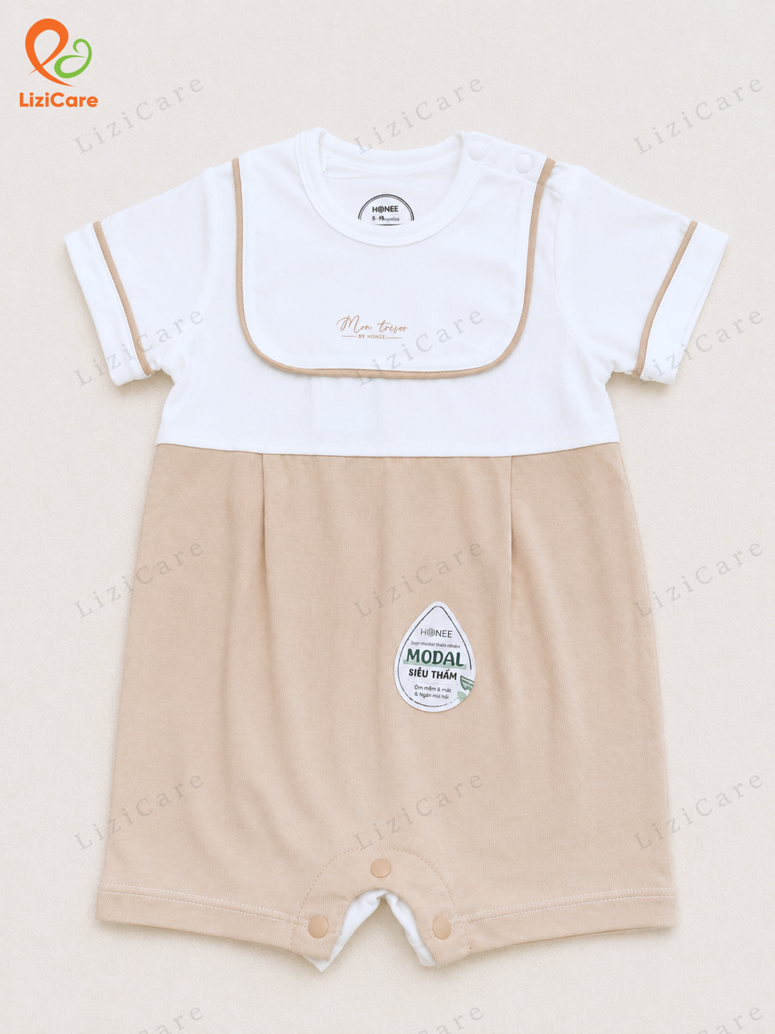 Body cộc phối lé Hrnee trắng nâu 3-6M (Mon Trésor by honee)