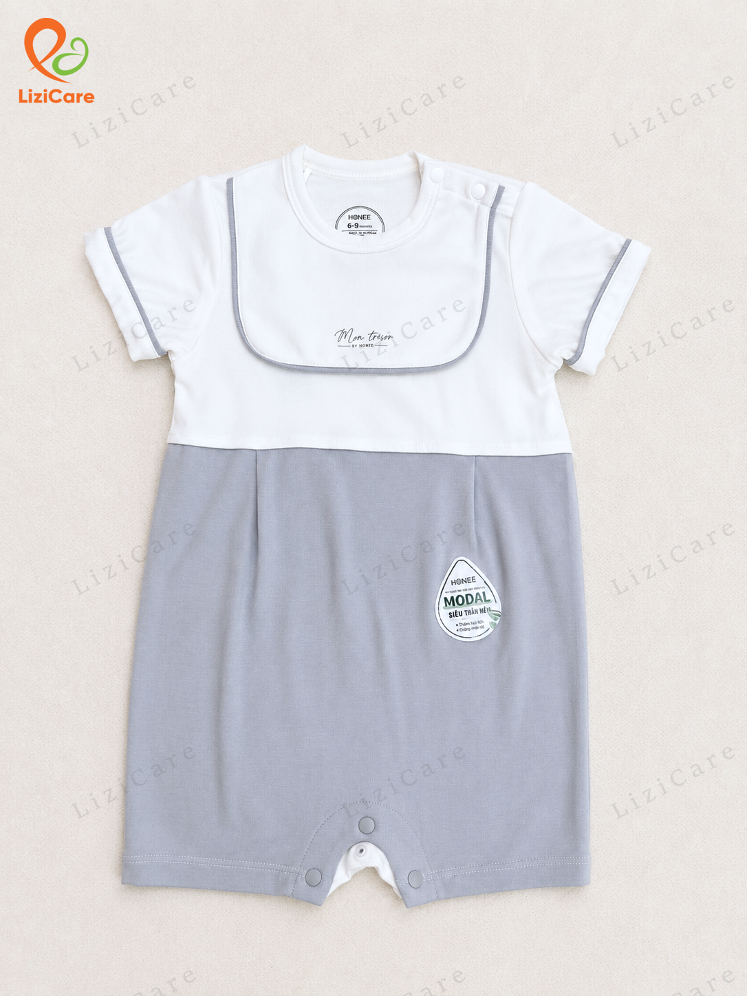 Body cộc phối lé Hrnee trắng ghi 3-6M (Mon Trésor by honee)