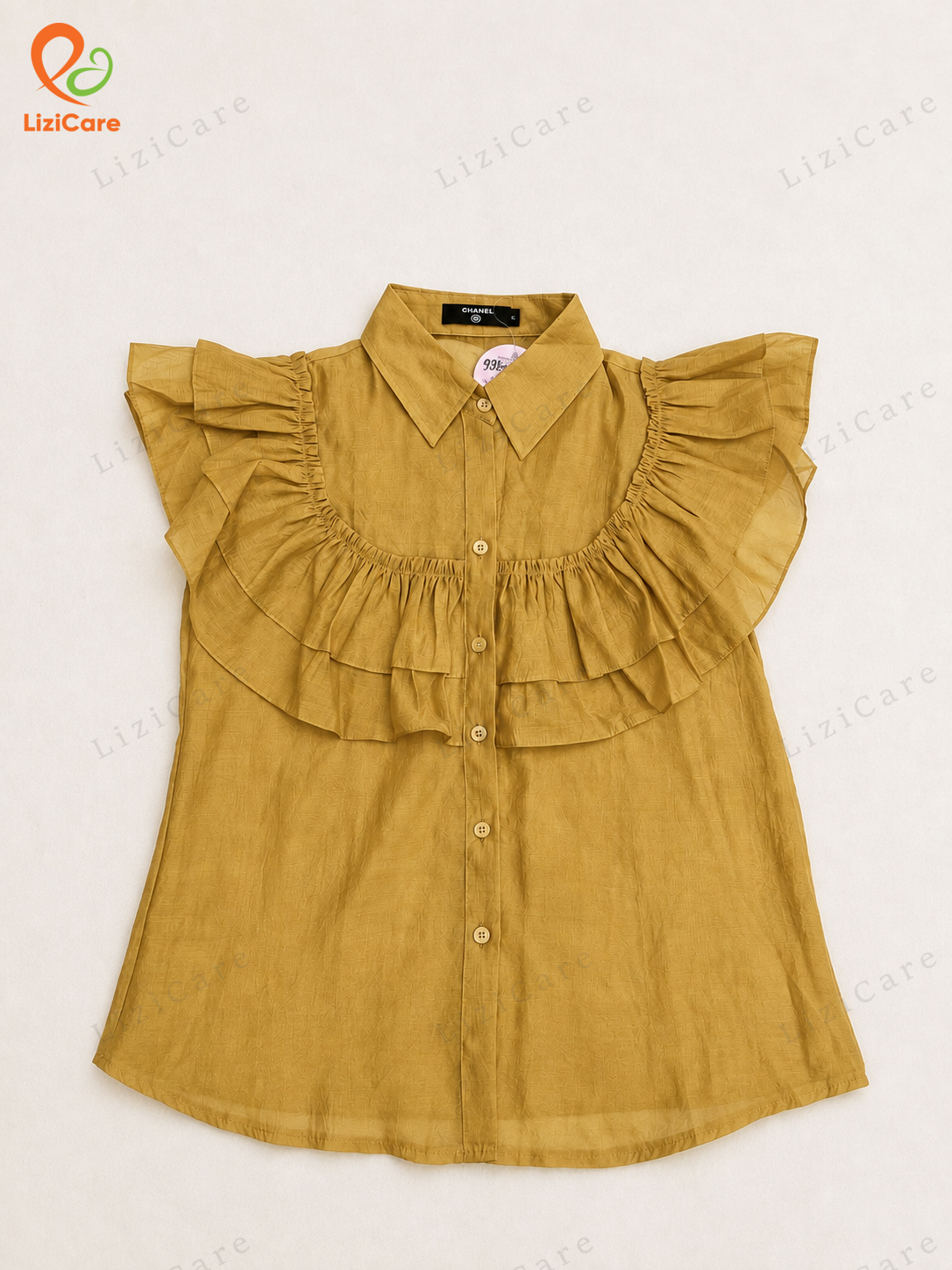 Áo sơ mi lụa tơ bèo ngực màu vàng size M