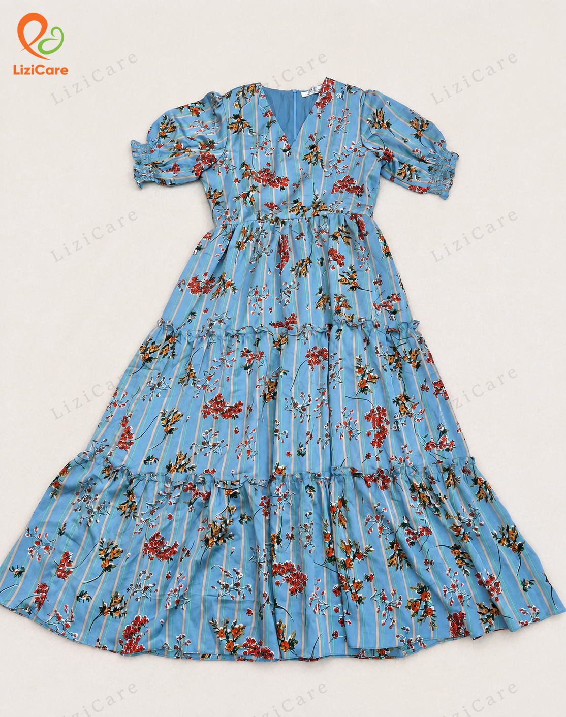 Váy lụa gân Hàn cao cấp hoa nên xanh size S