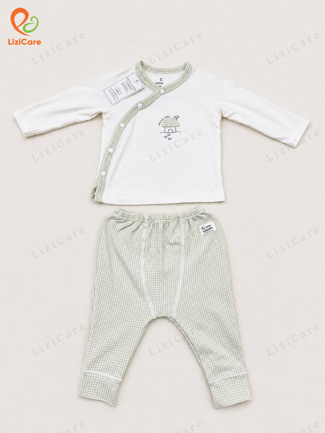 Bộ dài tay cài lệch Moon viền nhà nấm xanh moon baby 0-3M
