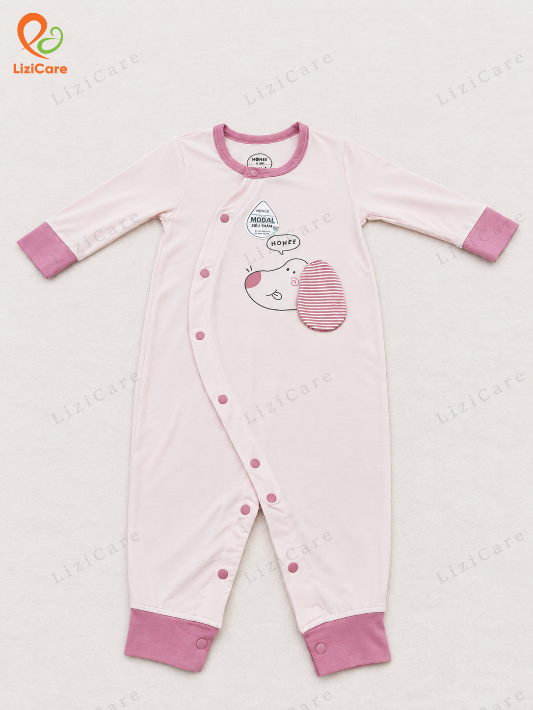 Body dài tay cài chéo Beagle hồng pastel size 3-6M