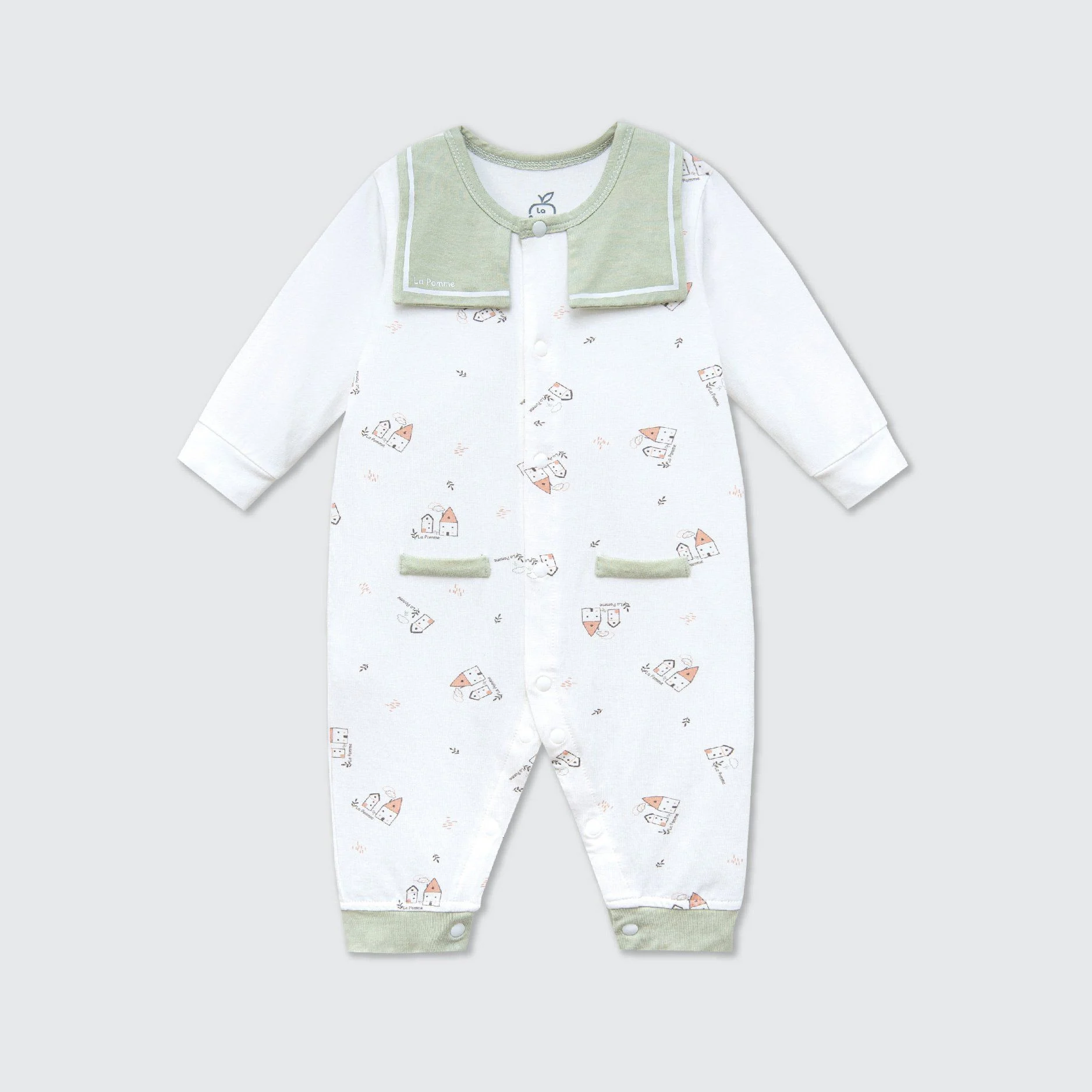 Body dài tay La Pomme lá cổ cách điệu - Newborn Xanh (họa tiết ngôi nhà)