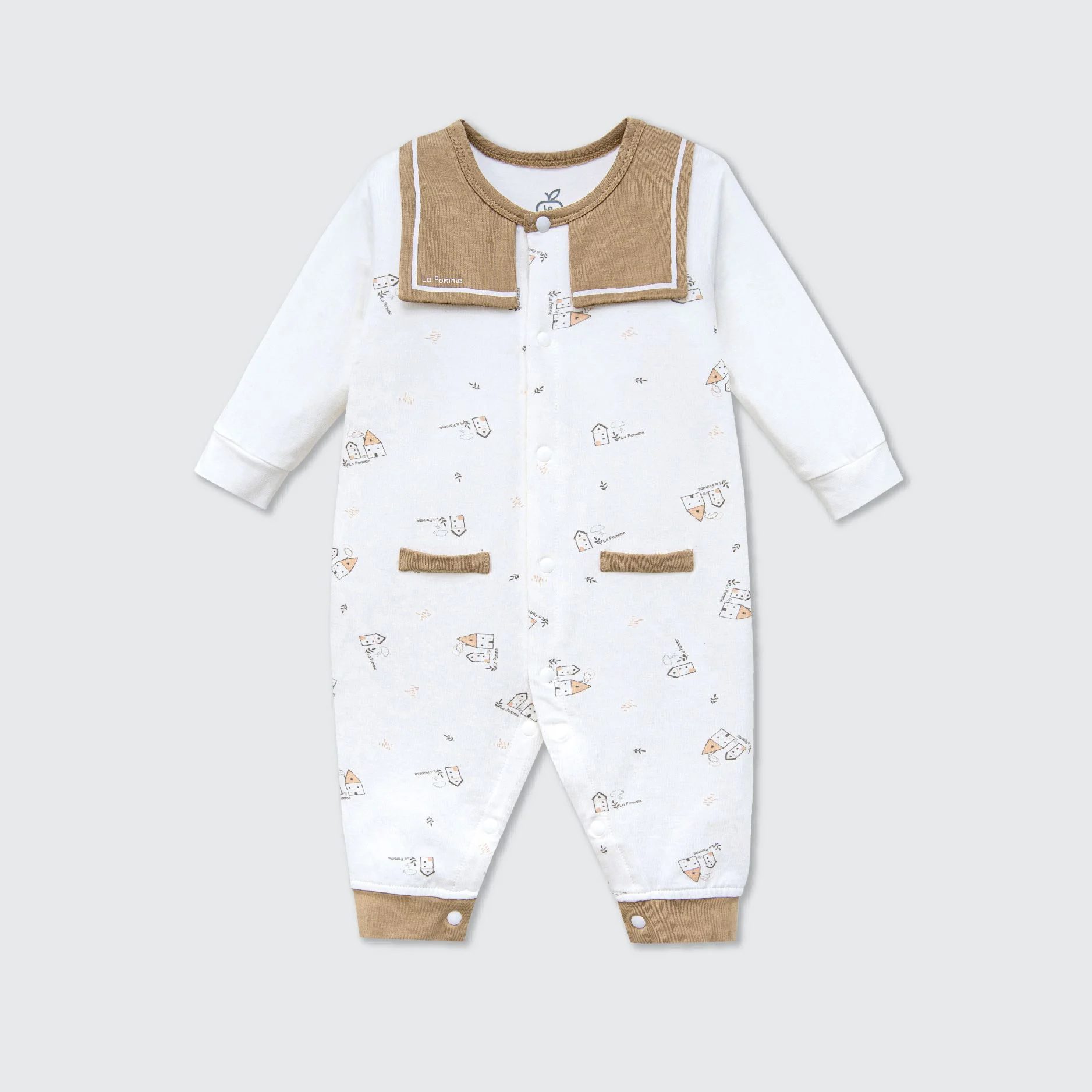 Body dài tay La Pomme lá cổ cách điệu - 0M Nâu (họa tiết ngôi nhà)