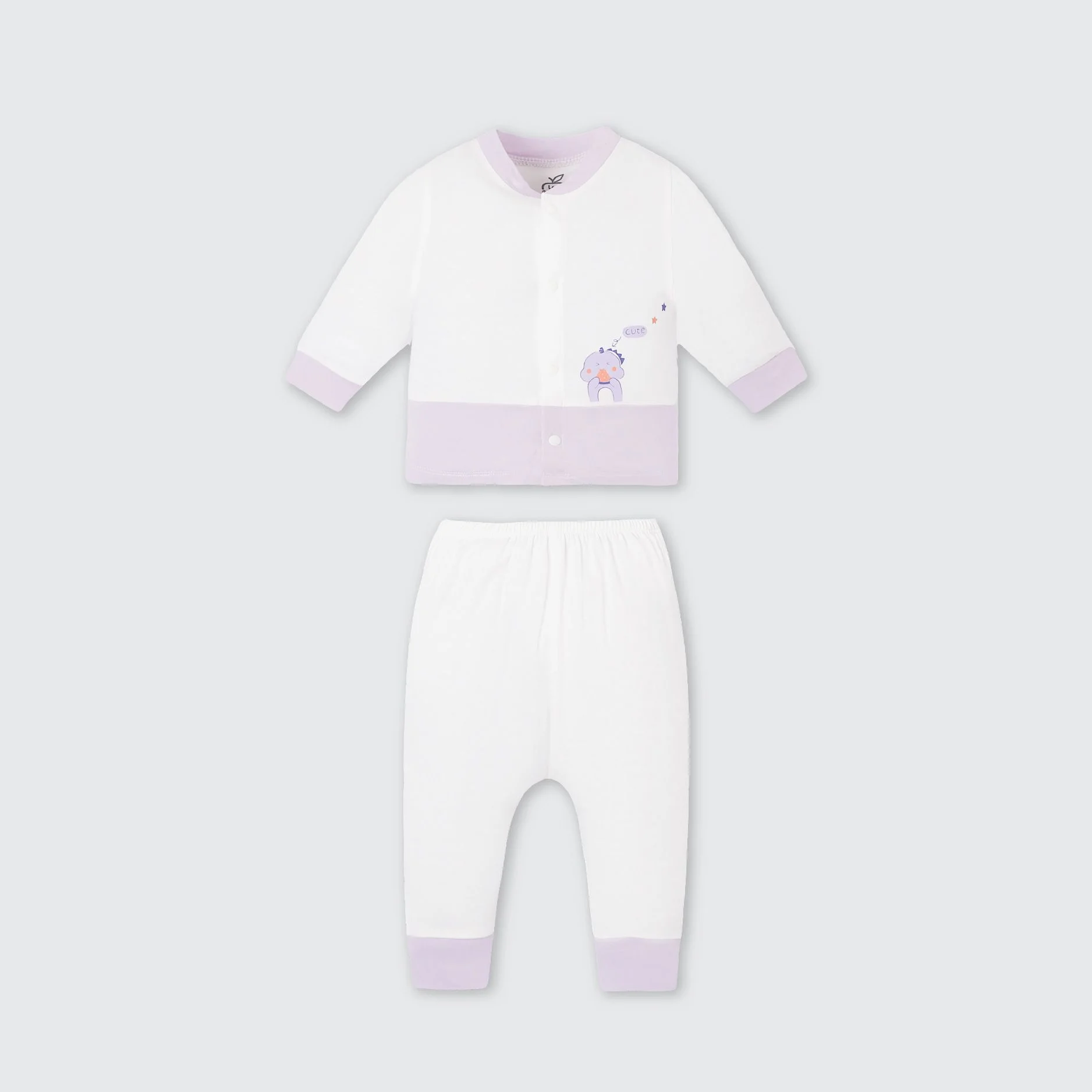 Bộ dài tay La Pomme cúc thẳng hoạ tiết đáng yêu - Newborn Trắng tím (hình khủng long)