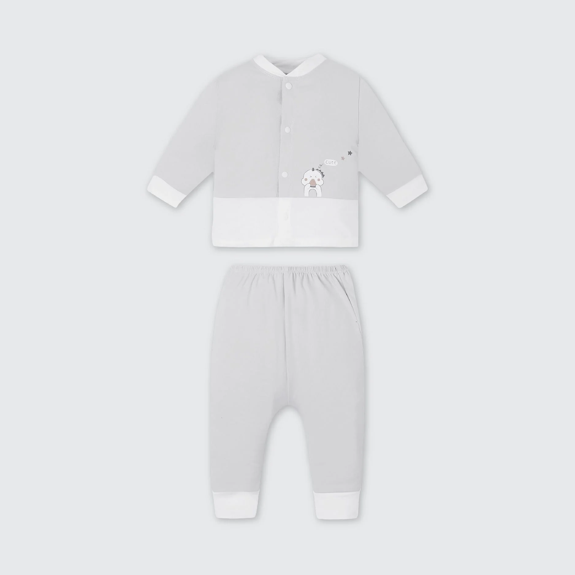 Bộ dài tay La Pomme cúc thẳng hoạ tiết đáng yêu - Newborn Ghi (hình khủng long)