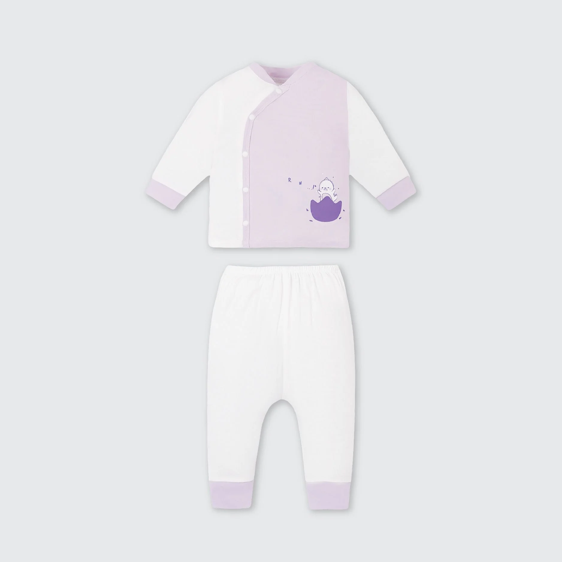 Bộ dài tay La Pomme cúc lệch hoạ tiết đáng yêu - Newborn Trắng tím (hình khủng long)