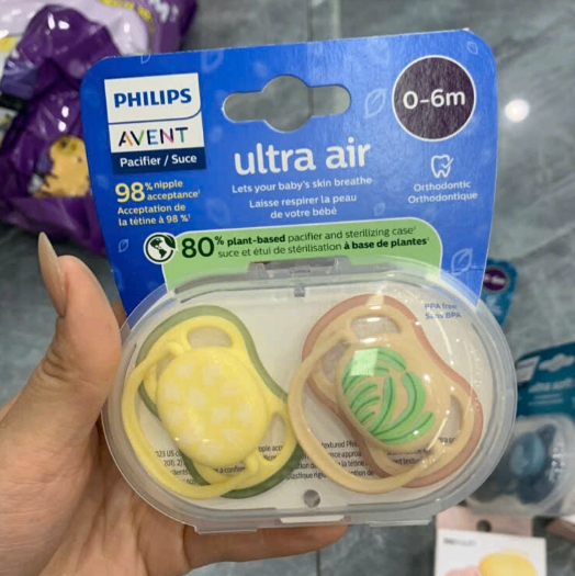 Ti giả Philips Avent Ultra air Anh 0-6M vàng đốm trắng+ cam cỏ xanh