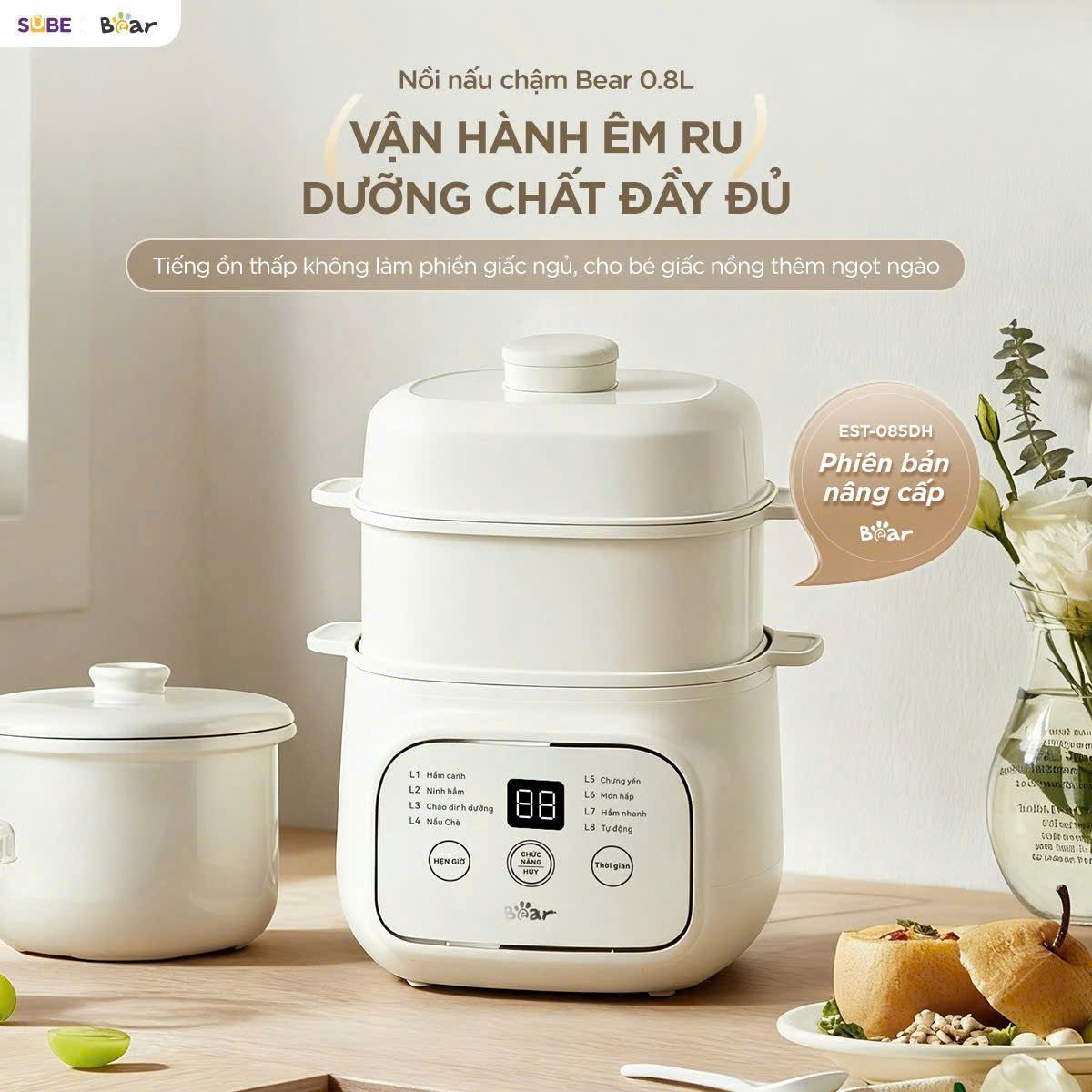 Nồi nấu chậm Bear vuông 0.8L màu kem EST-085DH (bản Việt)
