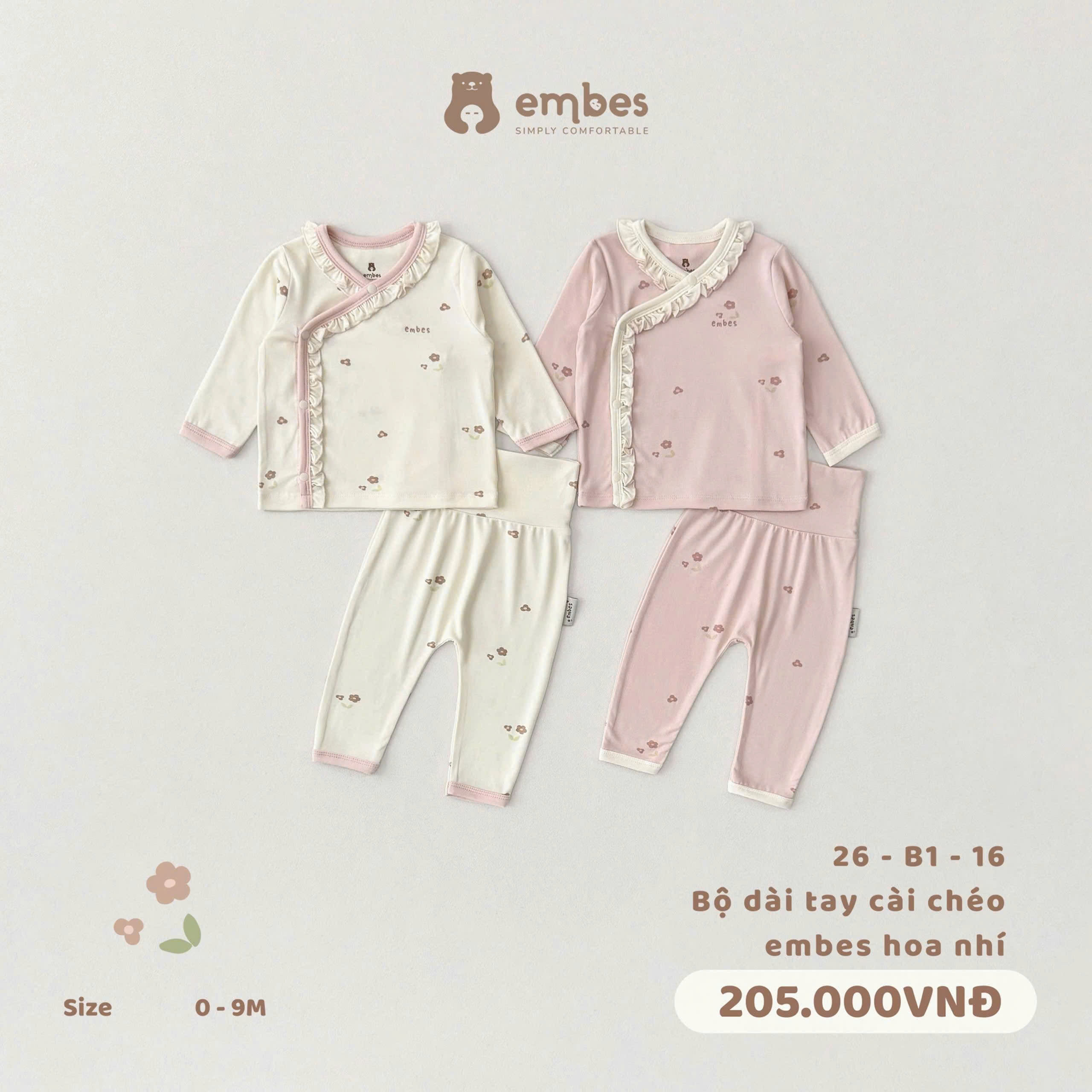 Bộ dài tay cài chéo Embes be hoa nhí