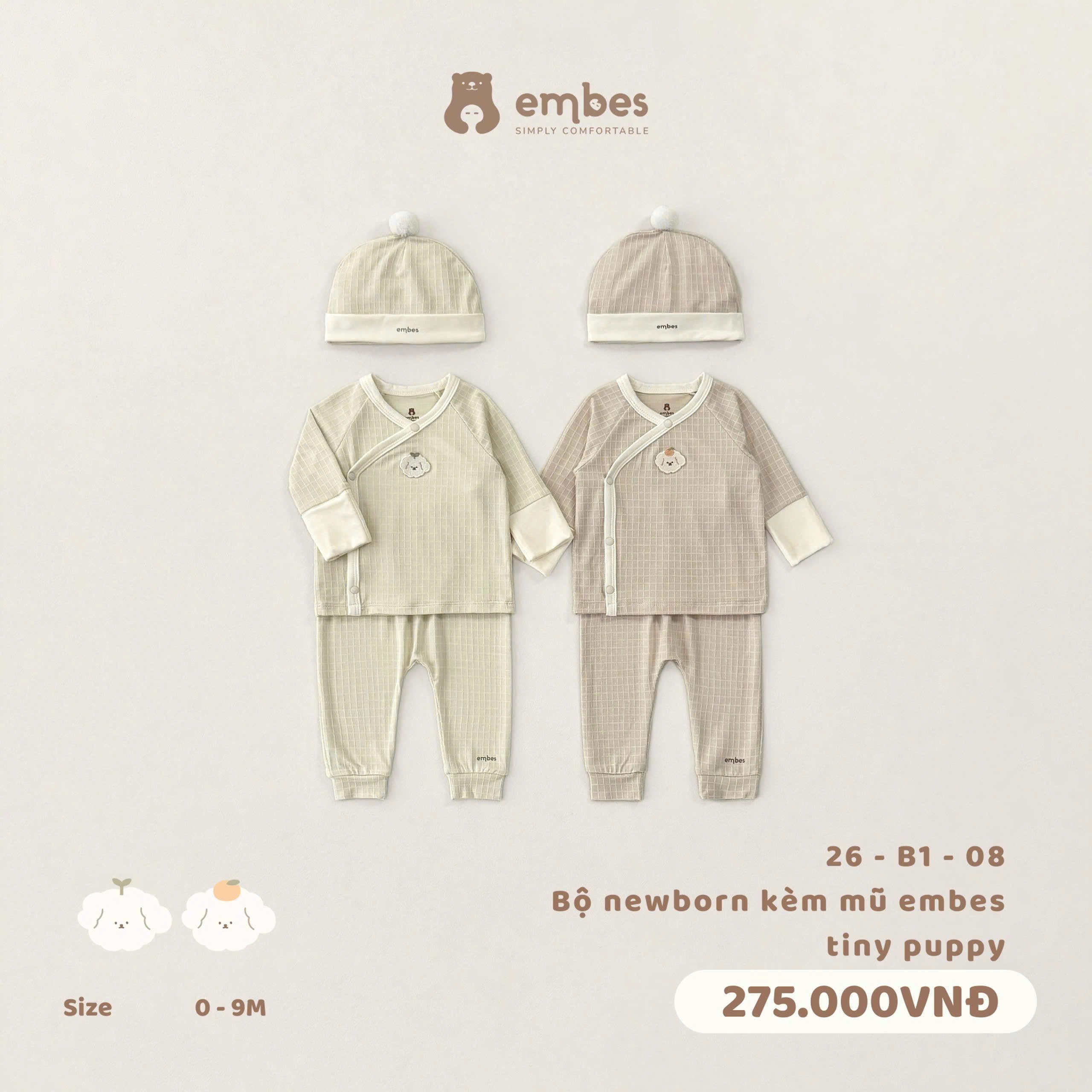 Bộ dài cài chéo kèm mũ Embes NB be thêu cún puppy