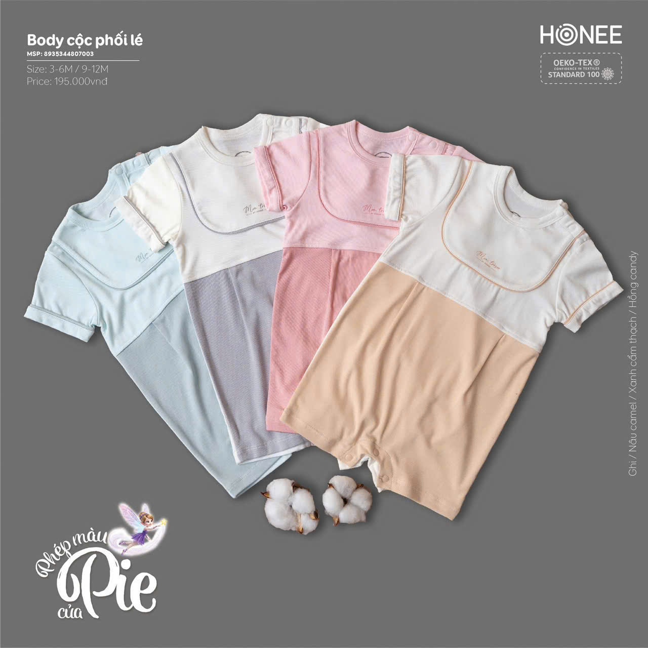 Body cộc phối lé Hrnee trắng nâu 9-12M (Mon Trésor by honee)