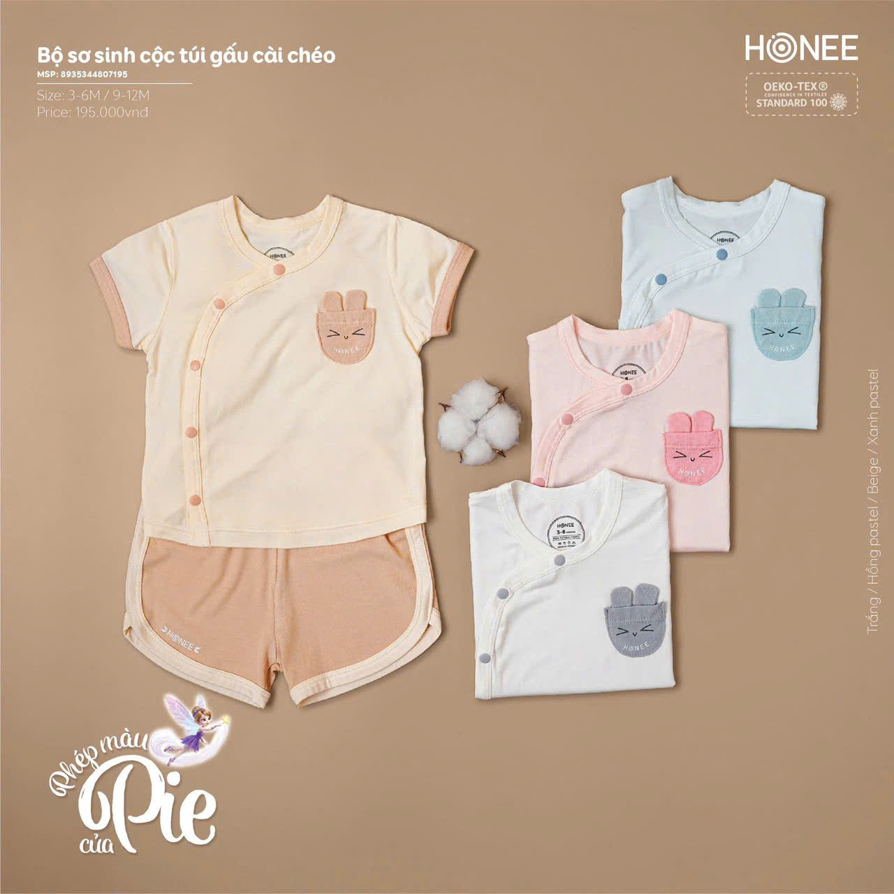 Bộ ss cộc túi gấu cài chéo Hrnee trắng