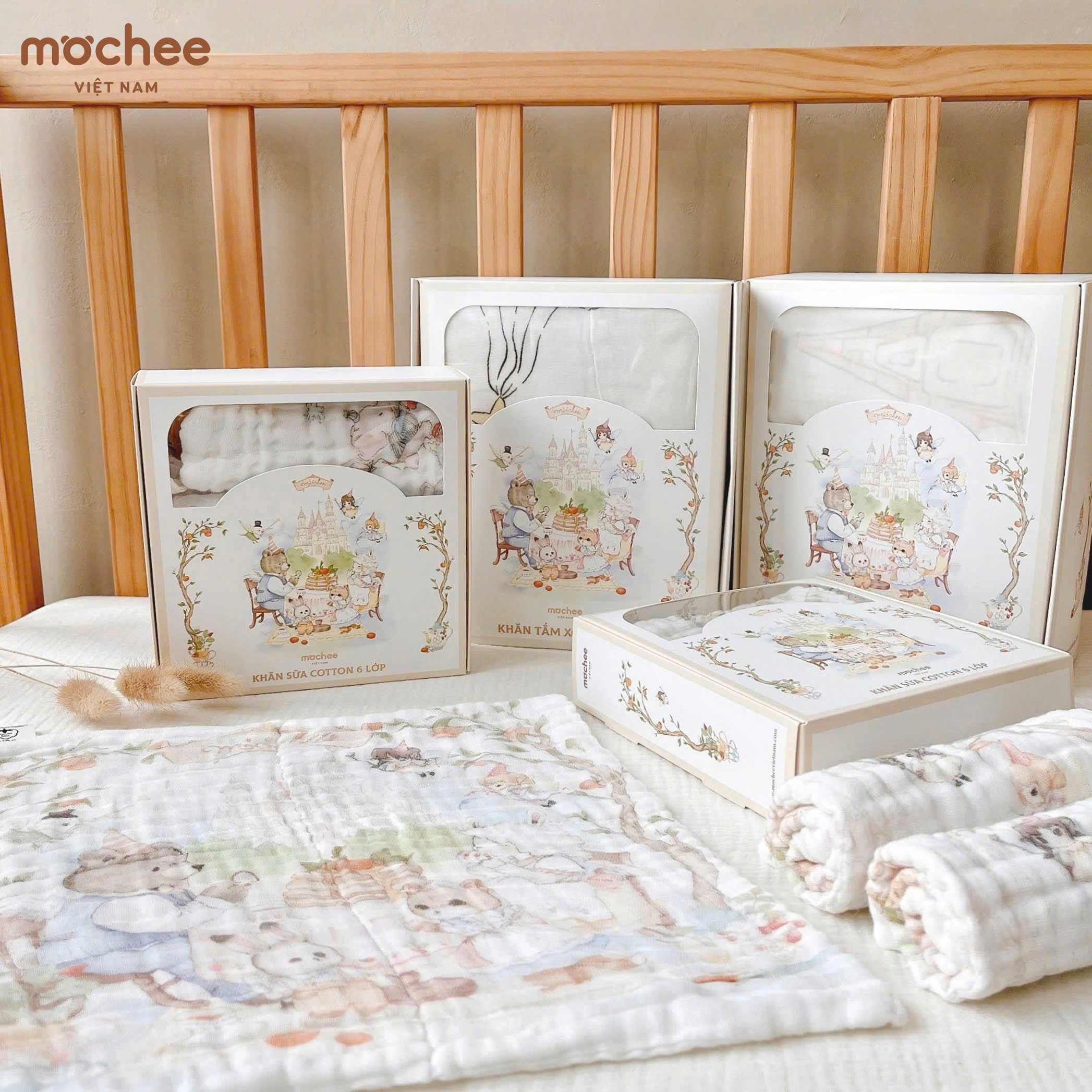 Khăn tắm xô 6 lớp Mochee họa tiết cổ tích 110x110cm