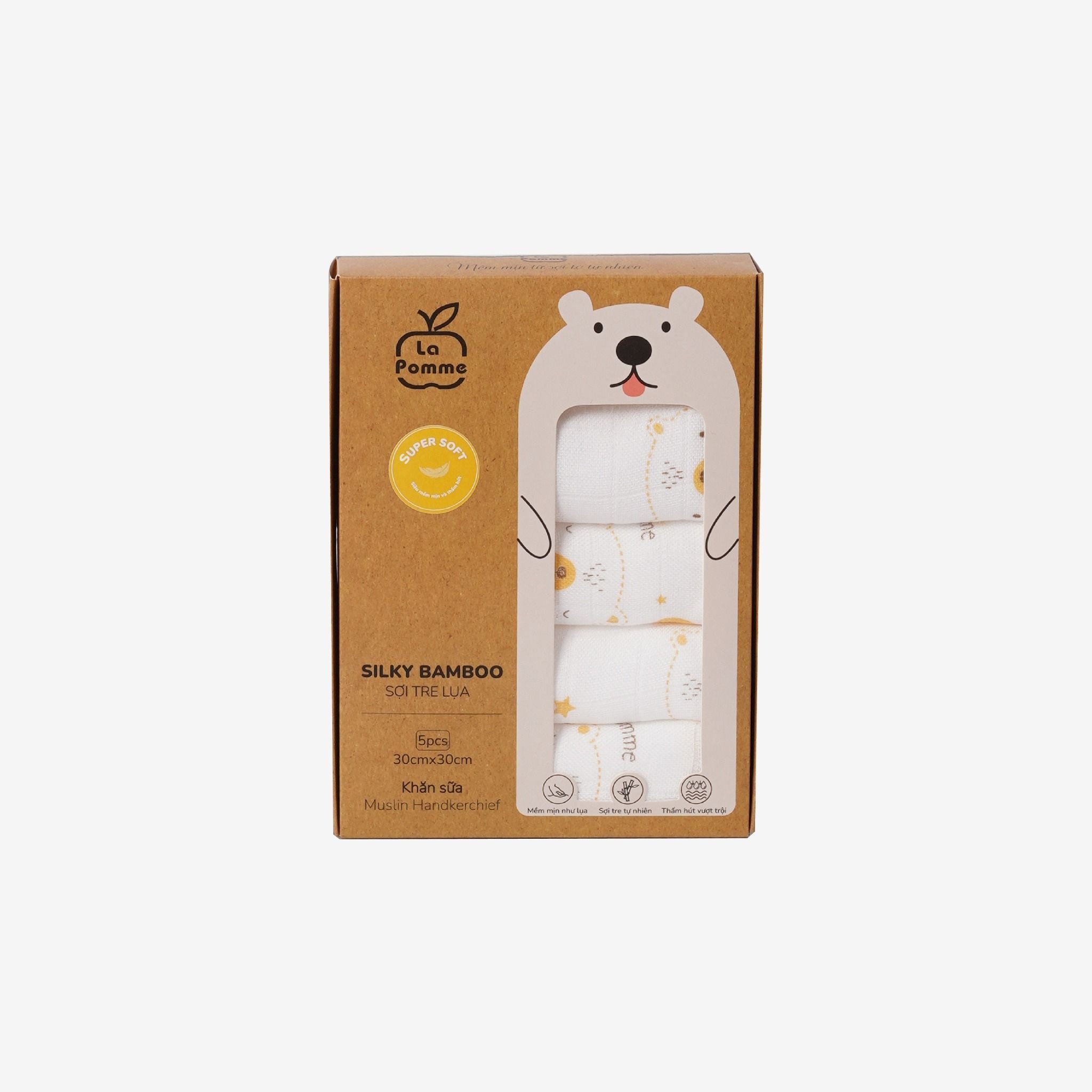 Set 5 khăn sữa sợi tre lụa La Pome phối màu 30x30cm- gấu vàng
