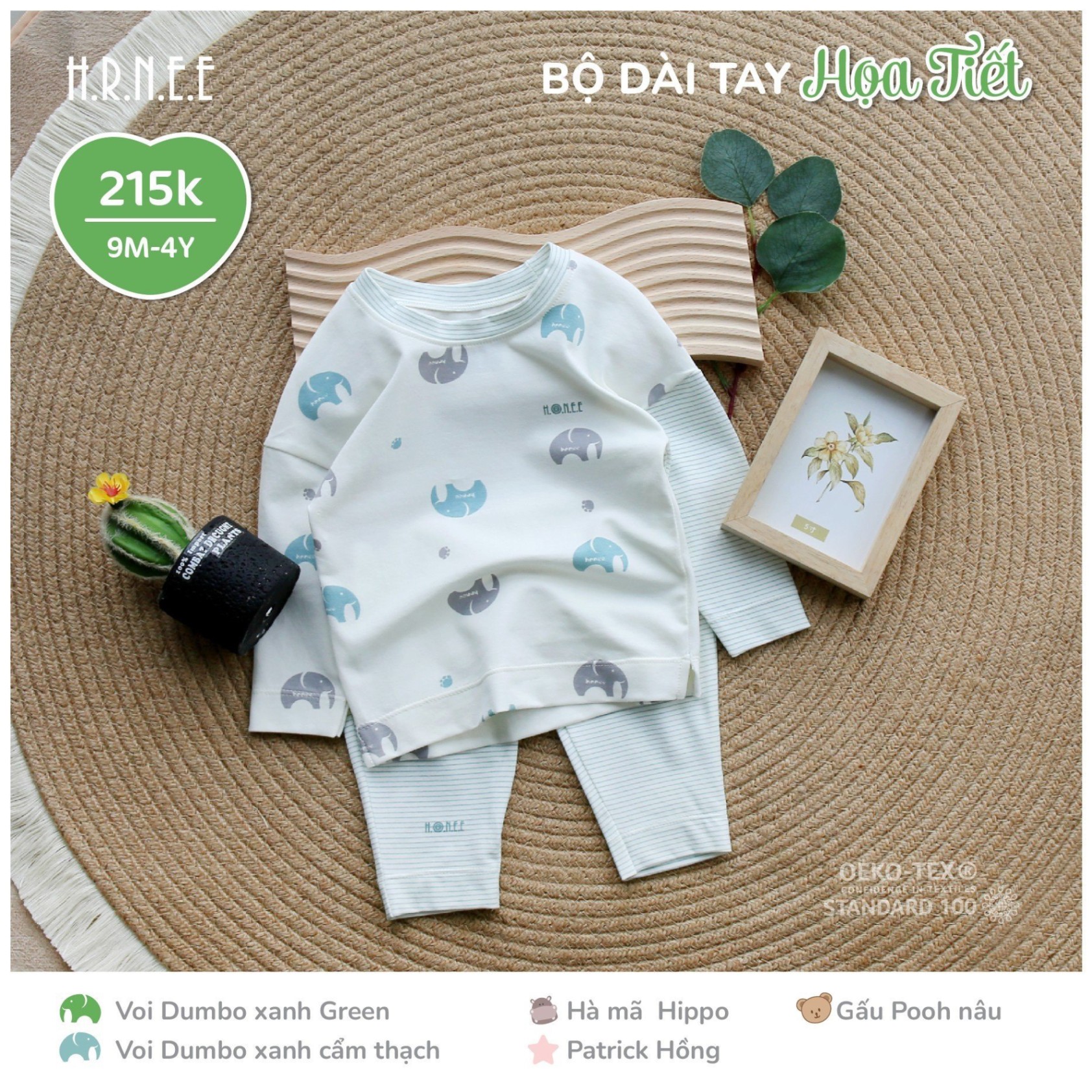 Hrnee-Bộ DT họa tiết voi Dumbo xanh cẩm thạch 18-24M