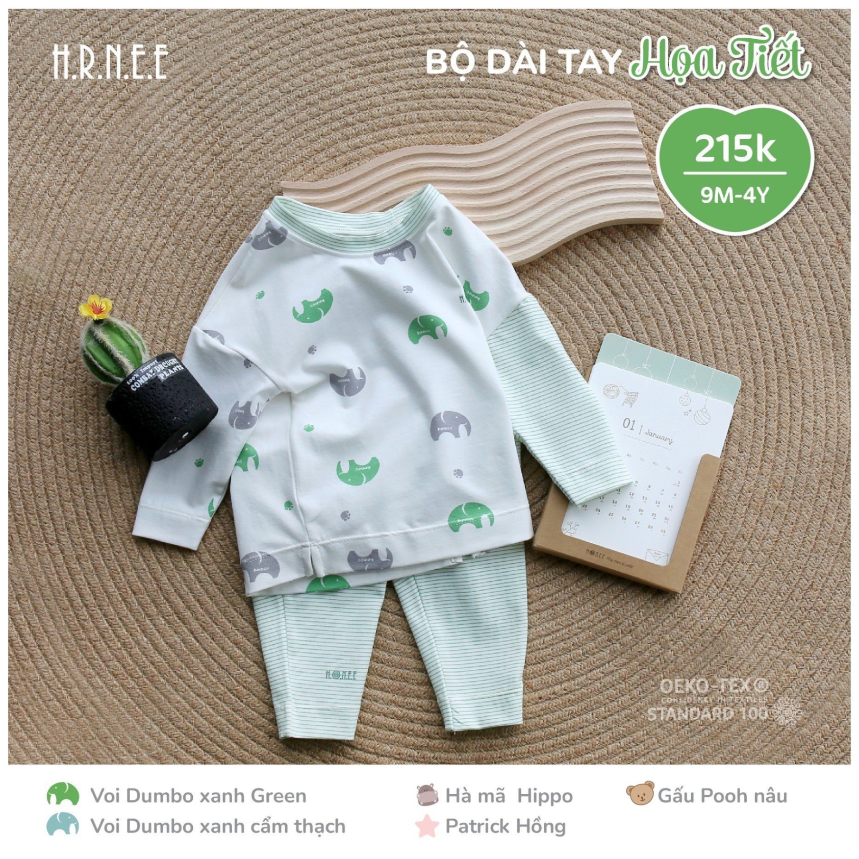 Hrnee-Bộ DT họa tiết voi Dumbo xanh green