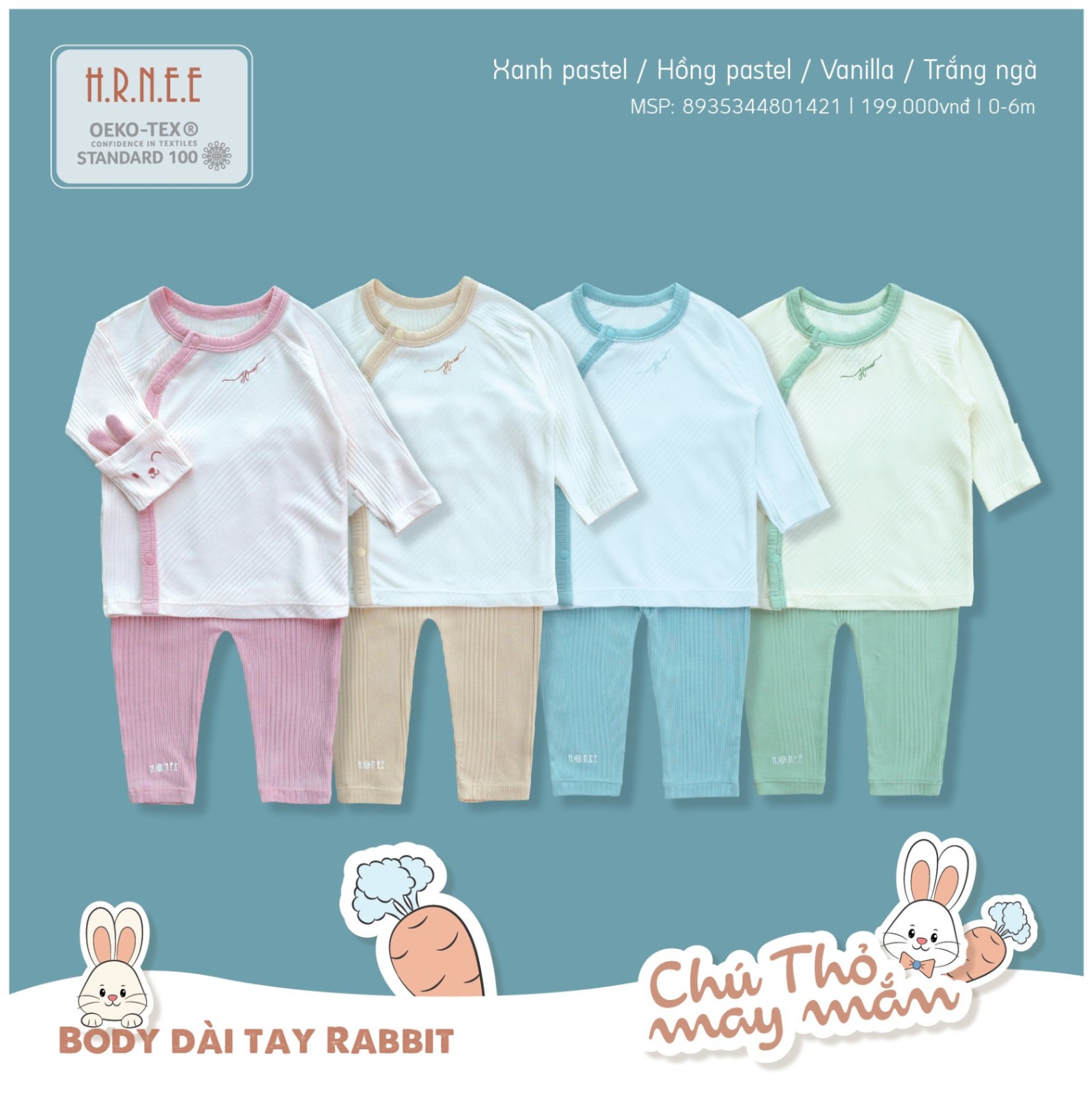 Hnree-Bộ sơ sinh cài chéo dài rabbit xanh 3-6M