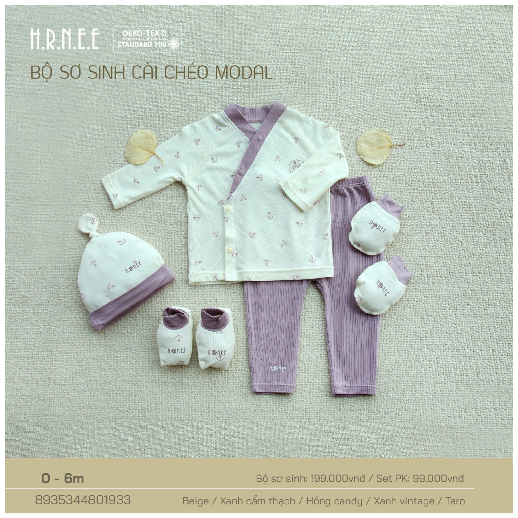 Hrnee-Bộ DT cài chéo modal mỏ neo tím taro 3-6M