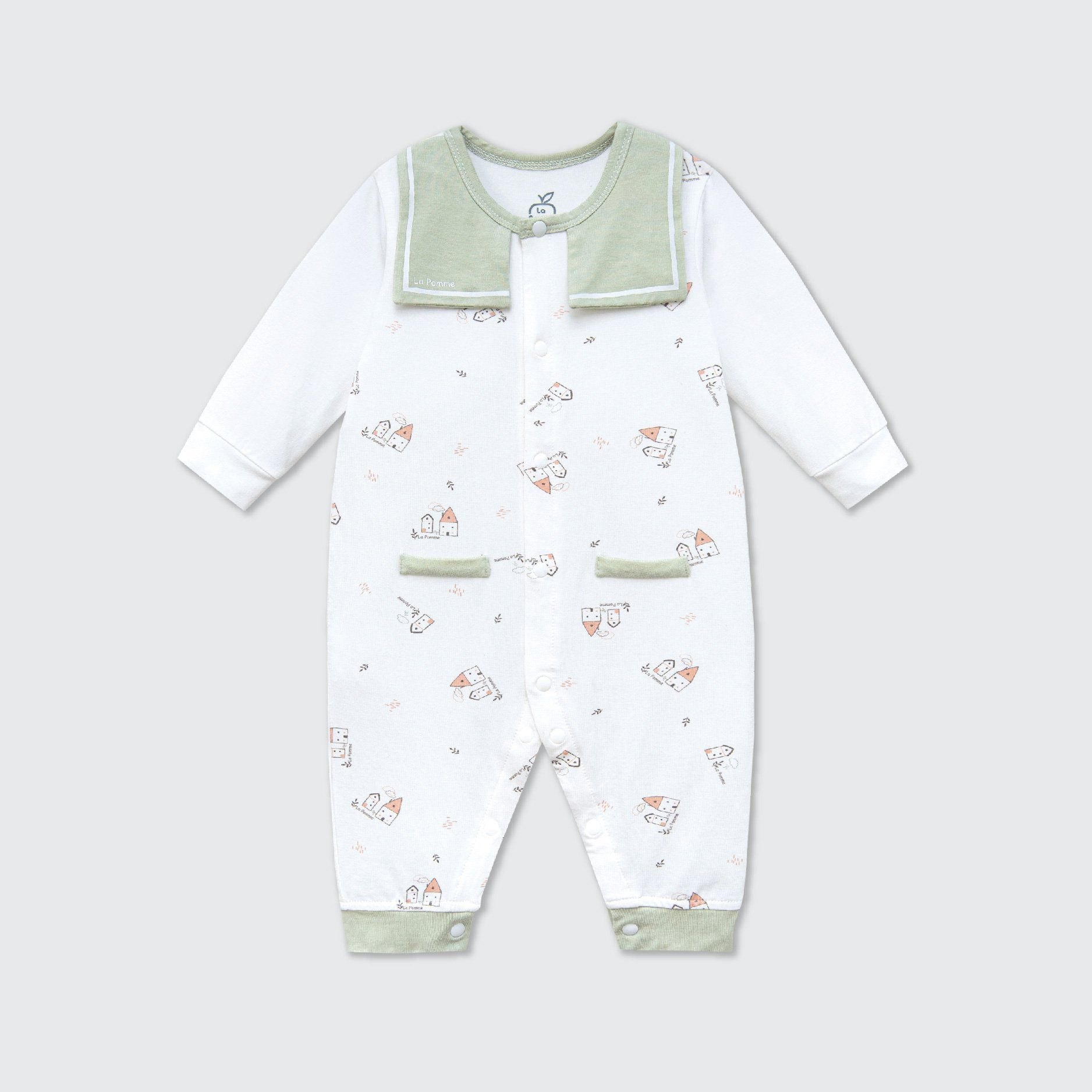 Body dài tay La Pomme lá cổ cách điệu - 0M Xanh (họa tiết ngôi nhà)