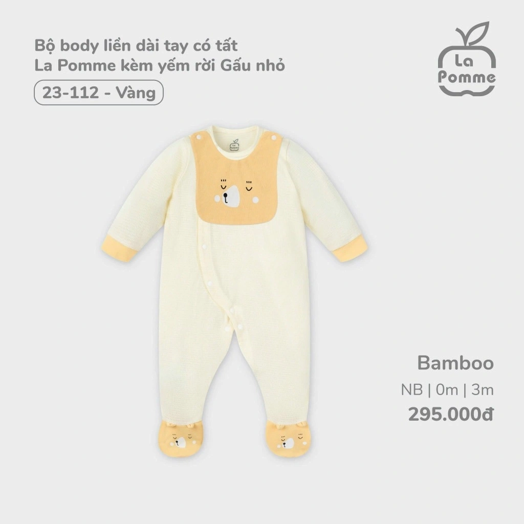 Bộ body liền dài tay có tất La Pomme kèm yếm rời Gấu nhỏ - 3M Vàng