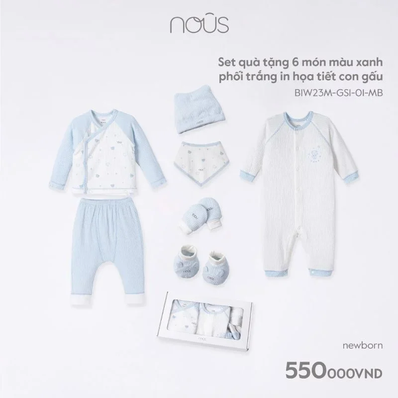 Nous-Set quà tặng 6 món màu xanh phối trắng họa tiết gấu NB