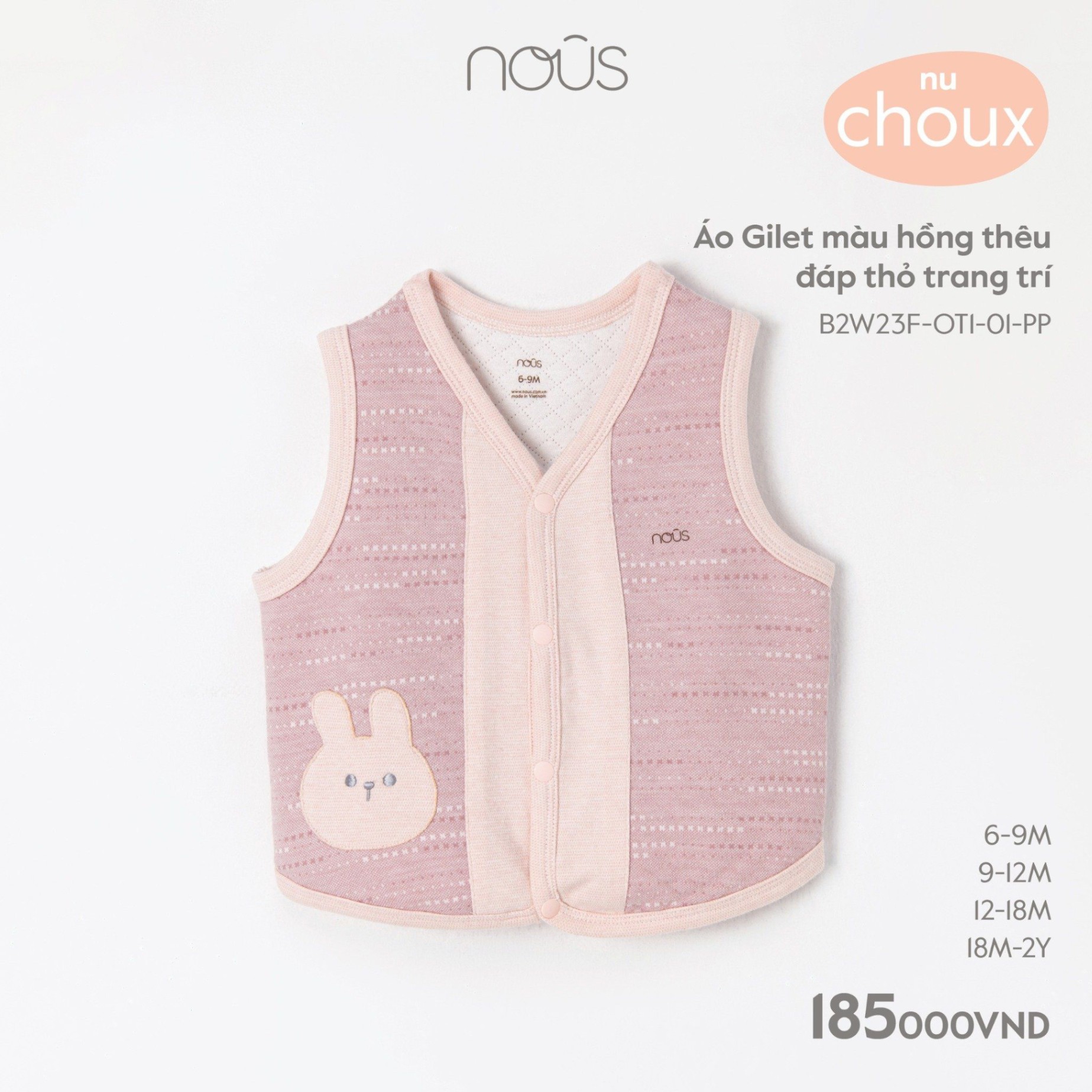 Nous-Áo Gilet màu hồng thêu đáp thỏ trang trí 18M