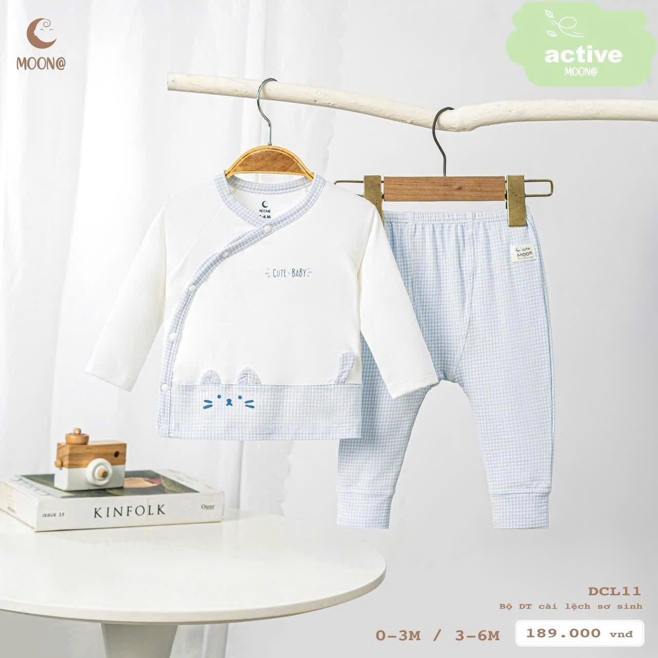 Bộ dài tay cài lệch Moon viền mèo xanh cute baby