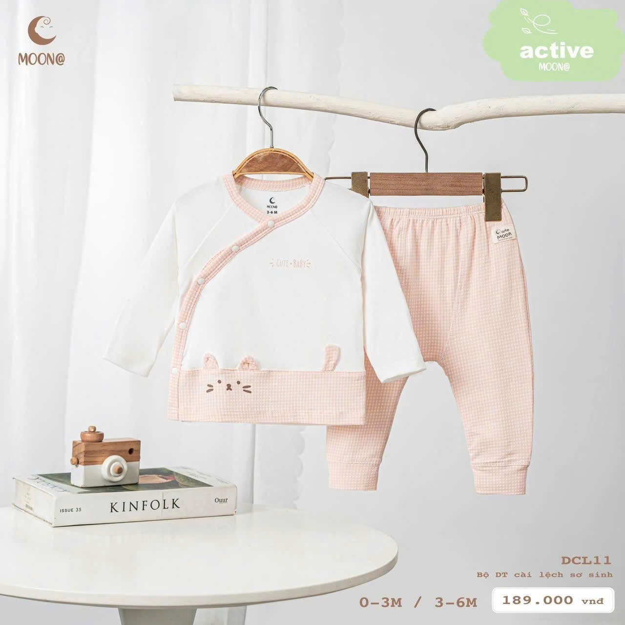 Bộ dài tay cài lệch Moon viền mèo hồng cute baby