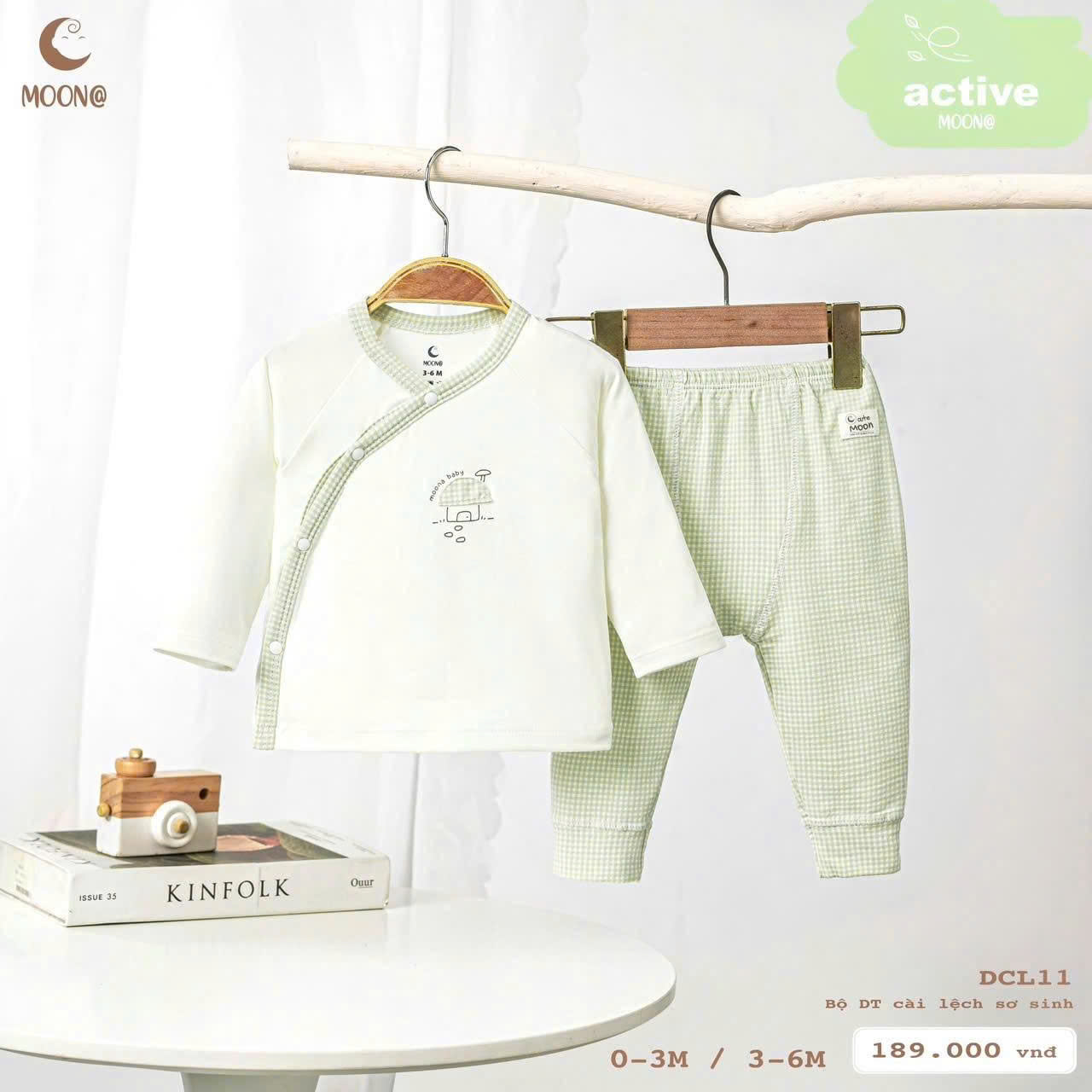 Bộ dài tay cài lệch Moon viền nhà nấm xanh moon baby