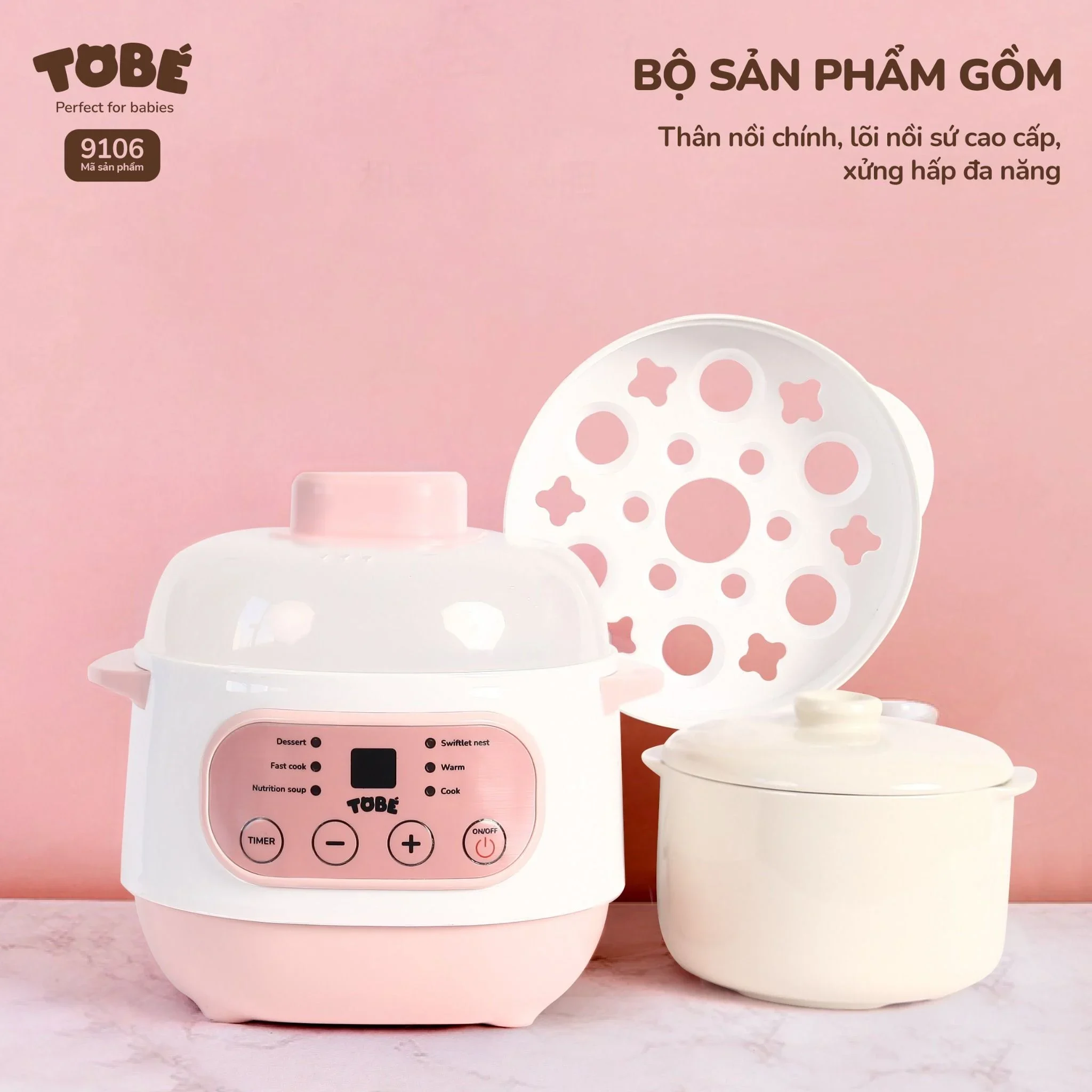 Nồi nấu chậm Tobe hồng 1L (9106)