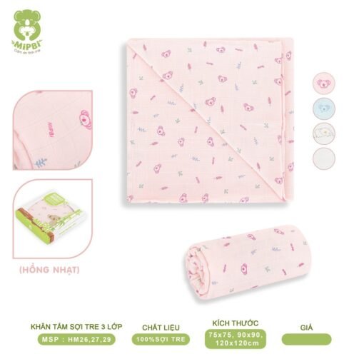 Khăn quấn và tắm Mipbi sợi tre hồng 120x120cm