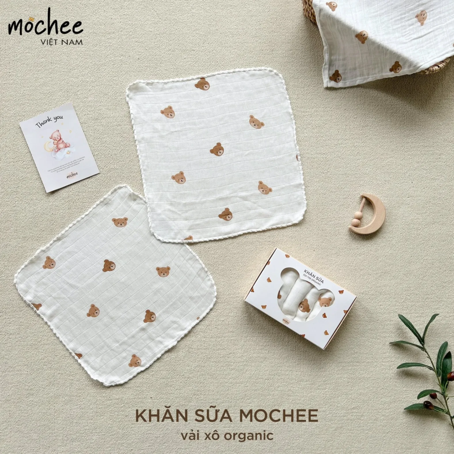 Set 6 Khăn sữa xô Mochee Gấu nâu 30x30cm