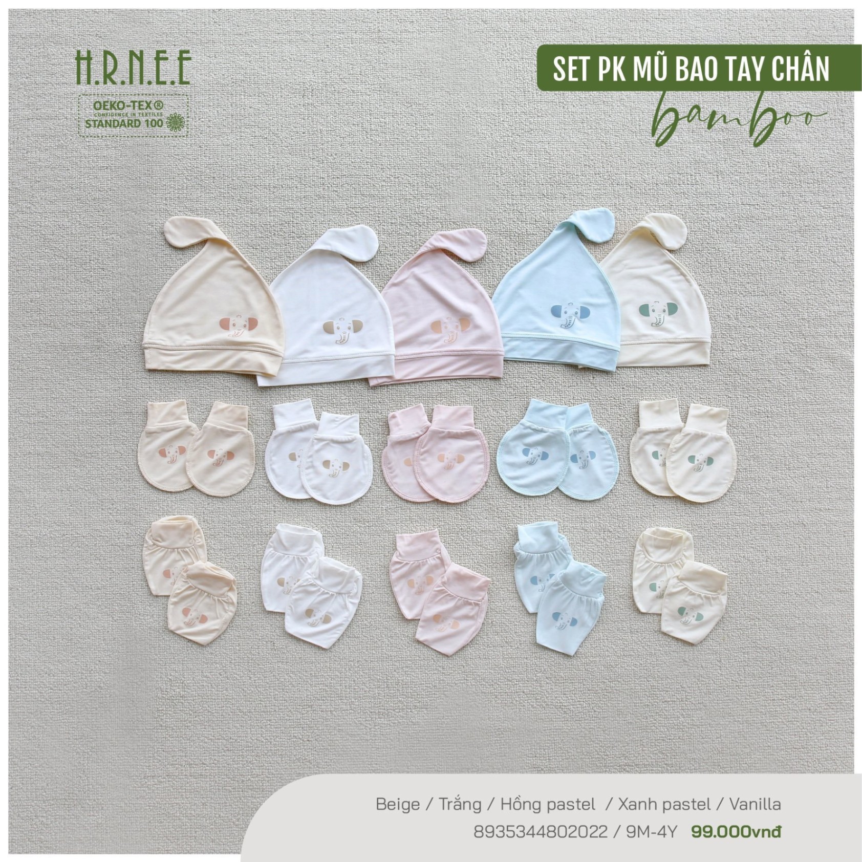 Hrnee-Set mũ, bao tay chân chú voi con màu be