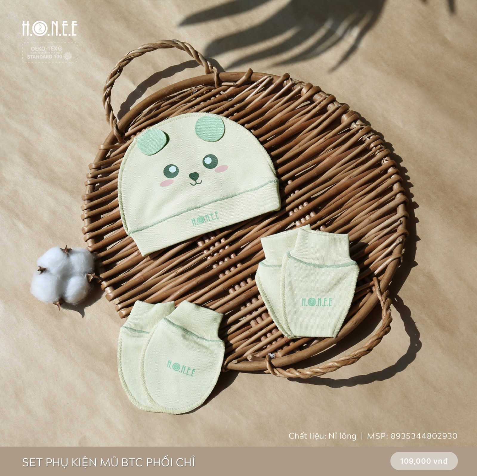 Hrnee-Set mũ bao tay chân phối chỉ xanh mint