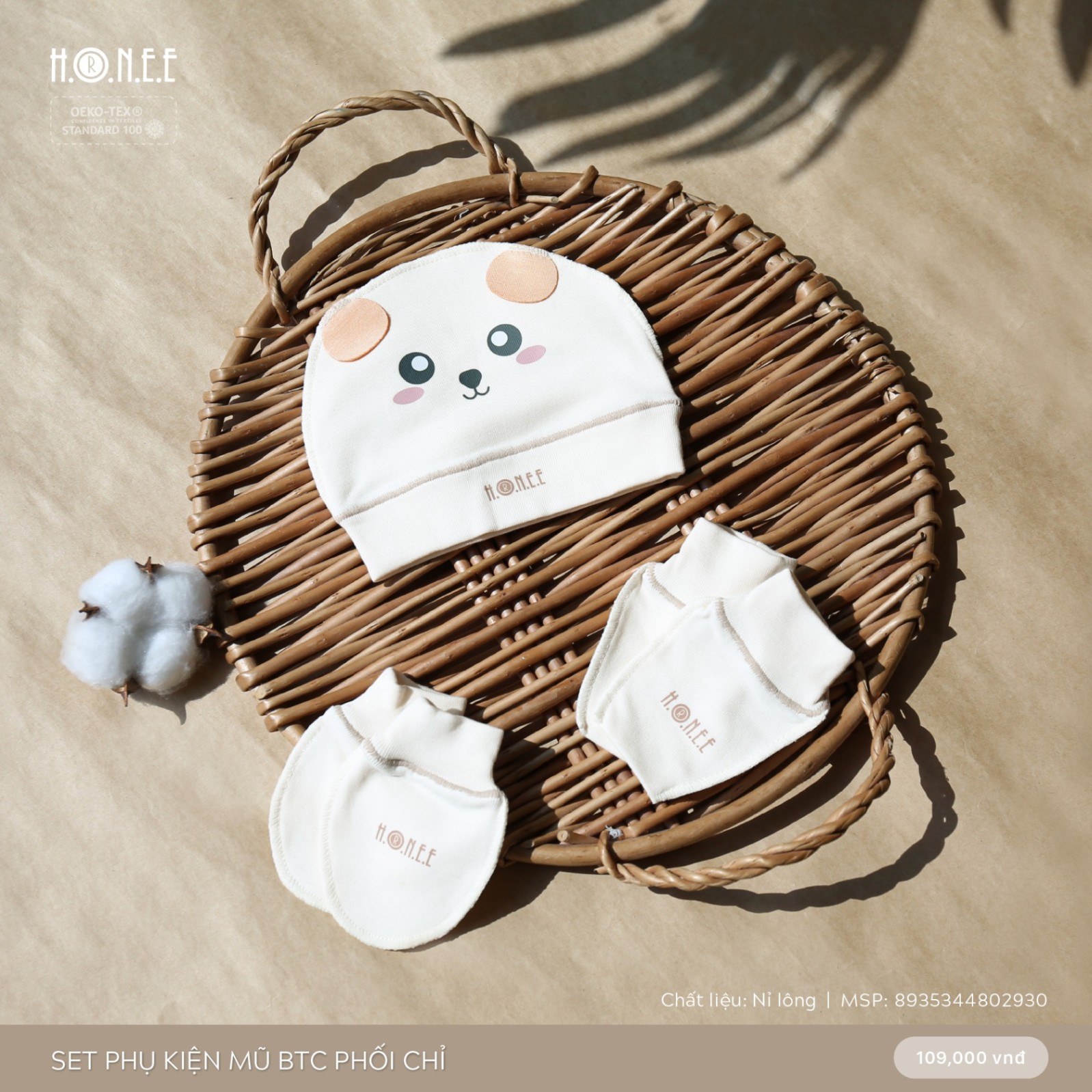 Hrnee-Set mũ bao tay chân phối chỉ be