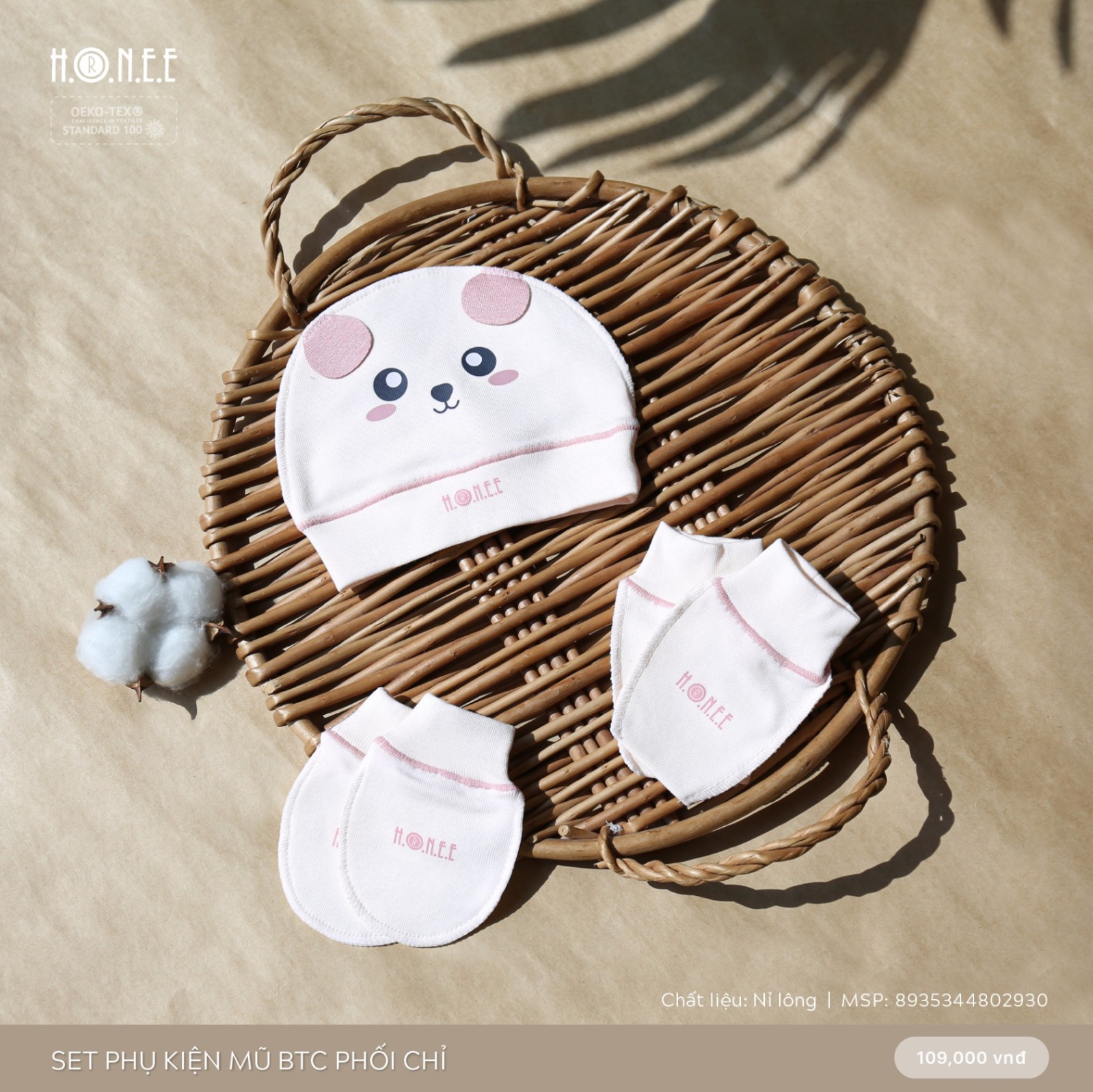 Hrnee-Set mũ bao tay chân phối chỉ hồng