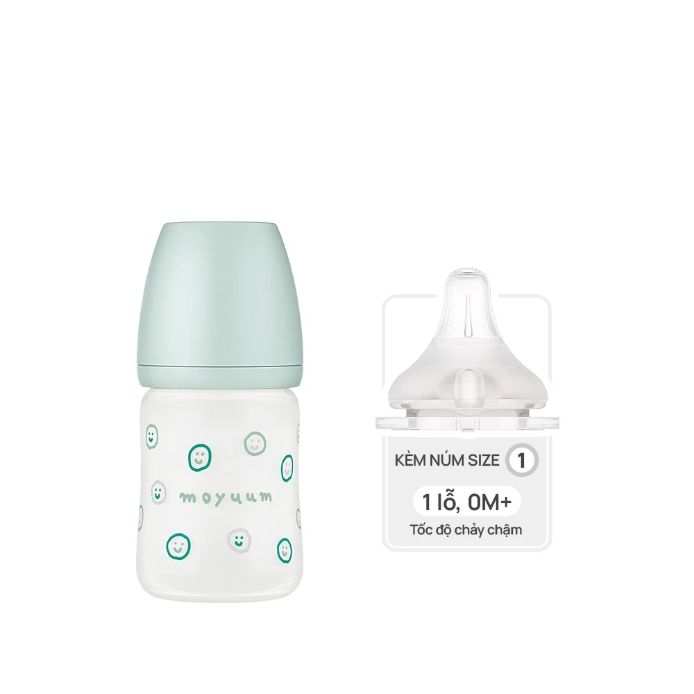 Bình sữa Moyuum Hàn thủy tinh 170ml mặt cười xanh mint -Núm số 1